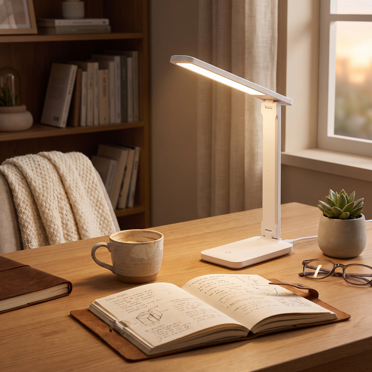 Foldable USB Desk Lamp | 3-Level Dimming & Rechargeable Option styled in a warm household setting