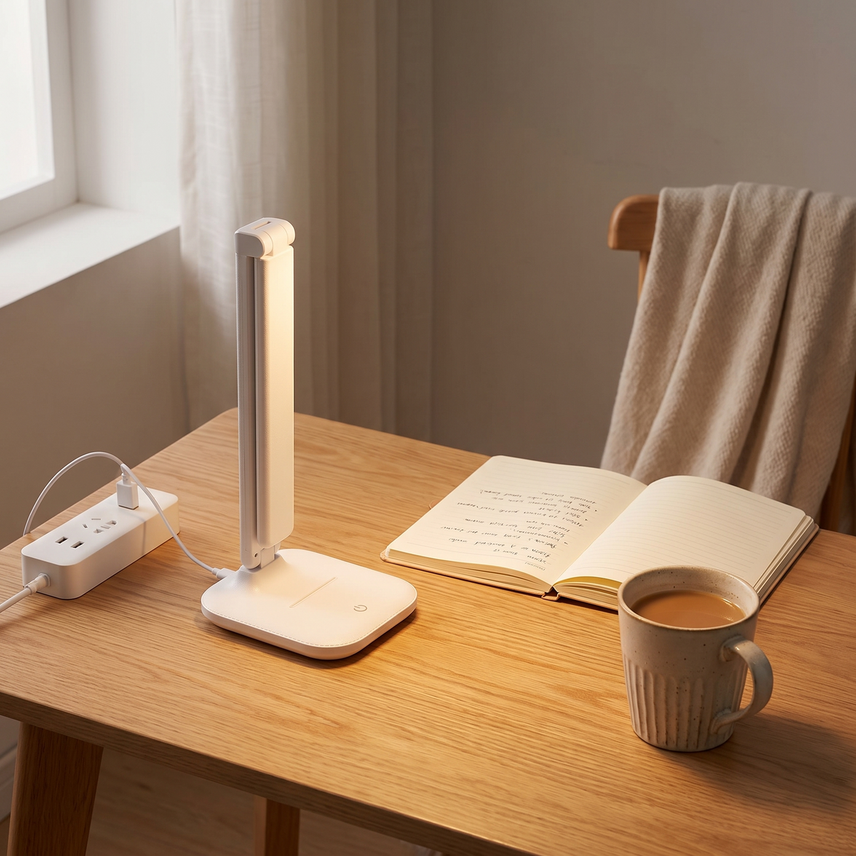 Foldable USB Desk Lamp | 3-Level Dimming & Rechargeable Option styled in a warm household setting