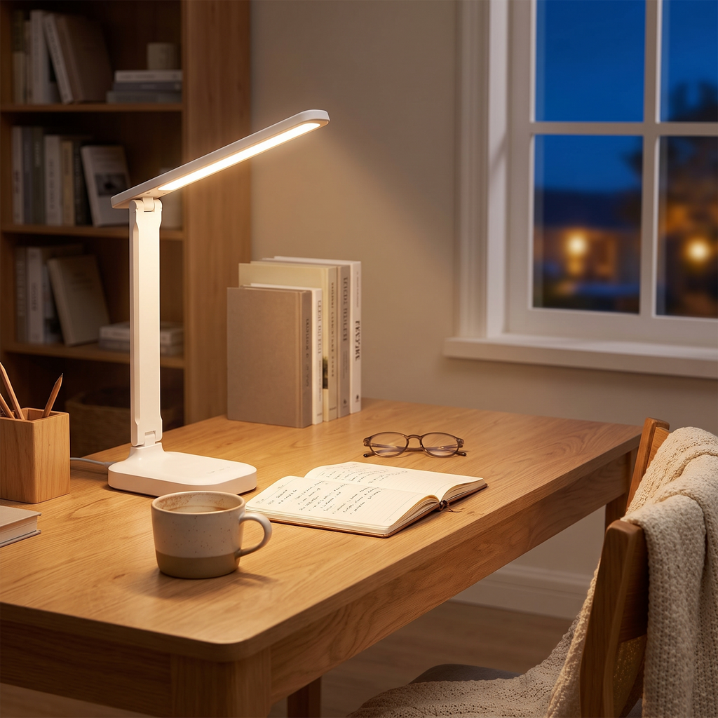Foldable USB Desk Lamp | 3-Level Dimming & Rechargeable Option styled in a warm household setting