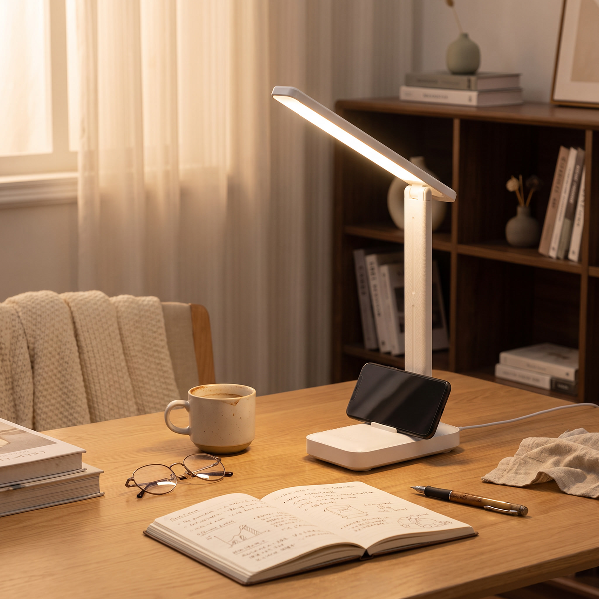 Foldable USB Desk Lamp | 3-Level Dimming & Rechargeable Option styled in a warm household setting