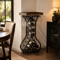 Freestanding Wine Rack with Glass Holders & Wood Tabletop in a styled home or garden setting