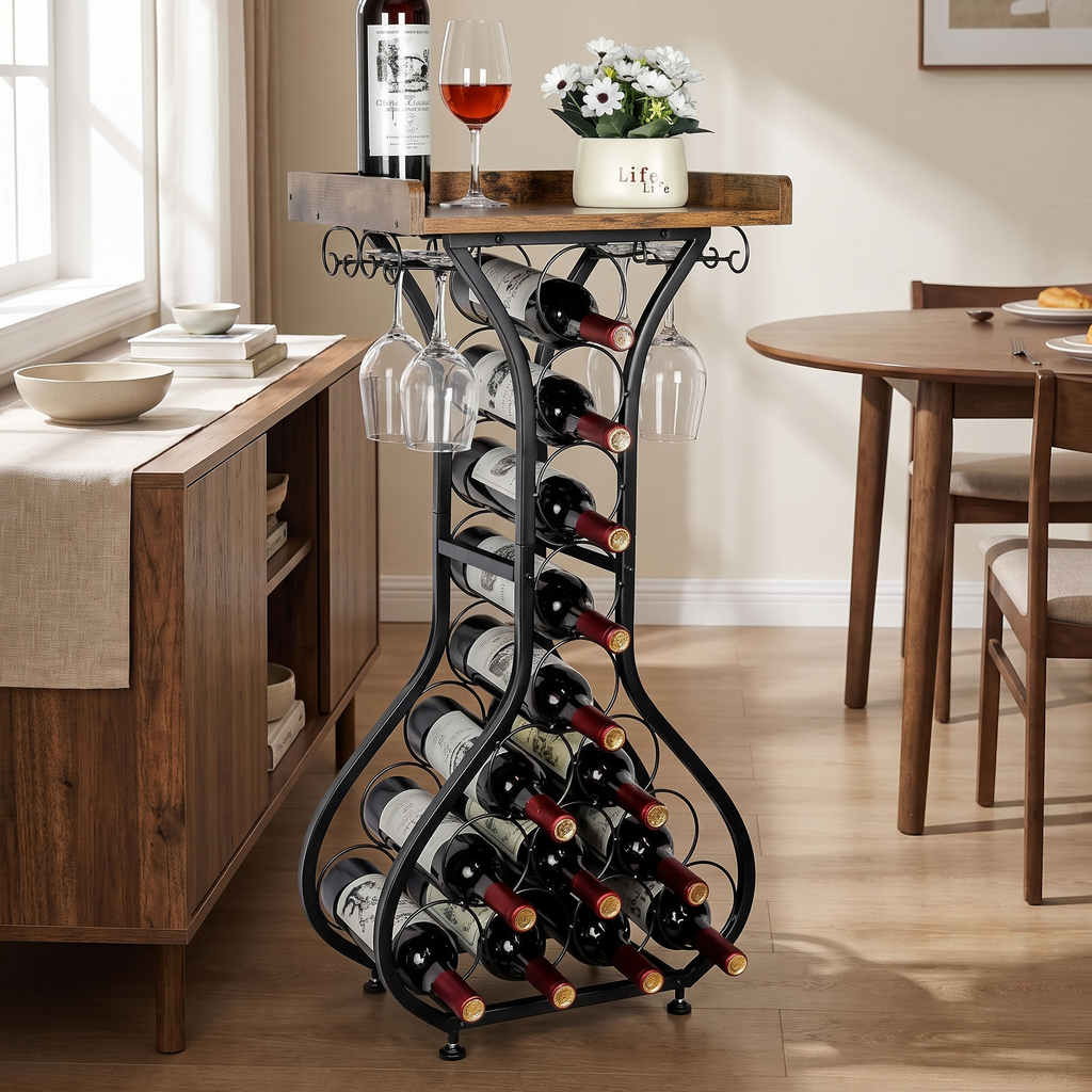 Freestanding Wine Rack with Stemware Holders and Timber-Look Top styled in a warm home setting