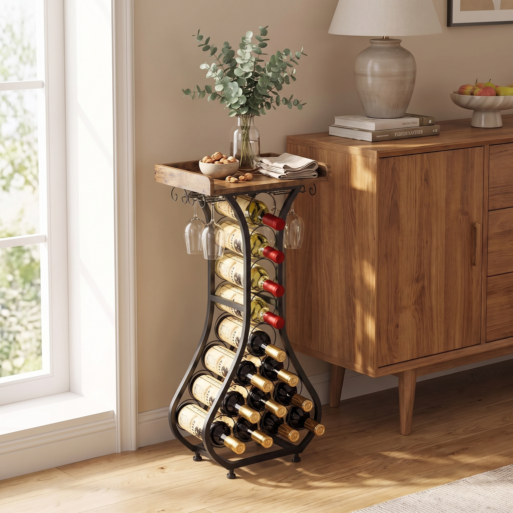 Freestanding Wine Rack with Stemware Holders and Timber-Look Top styled in a warm home setting