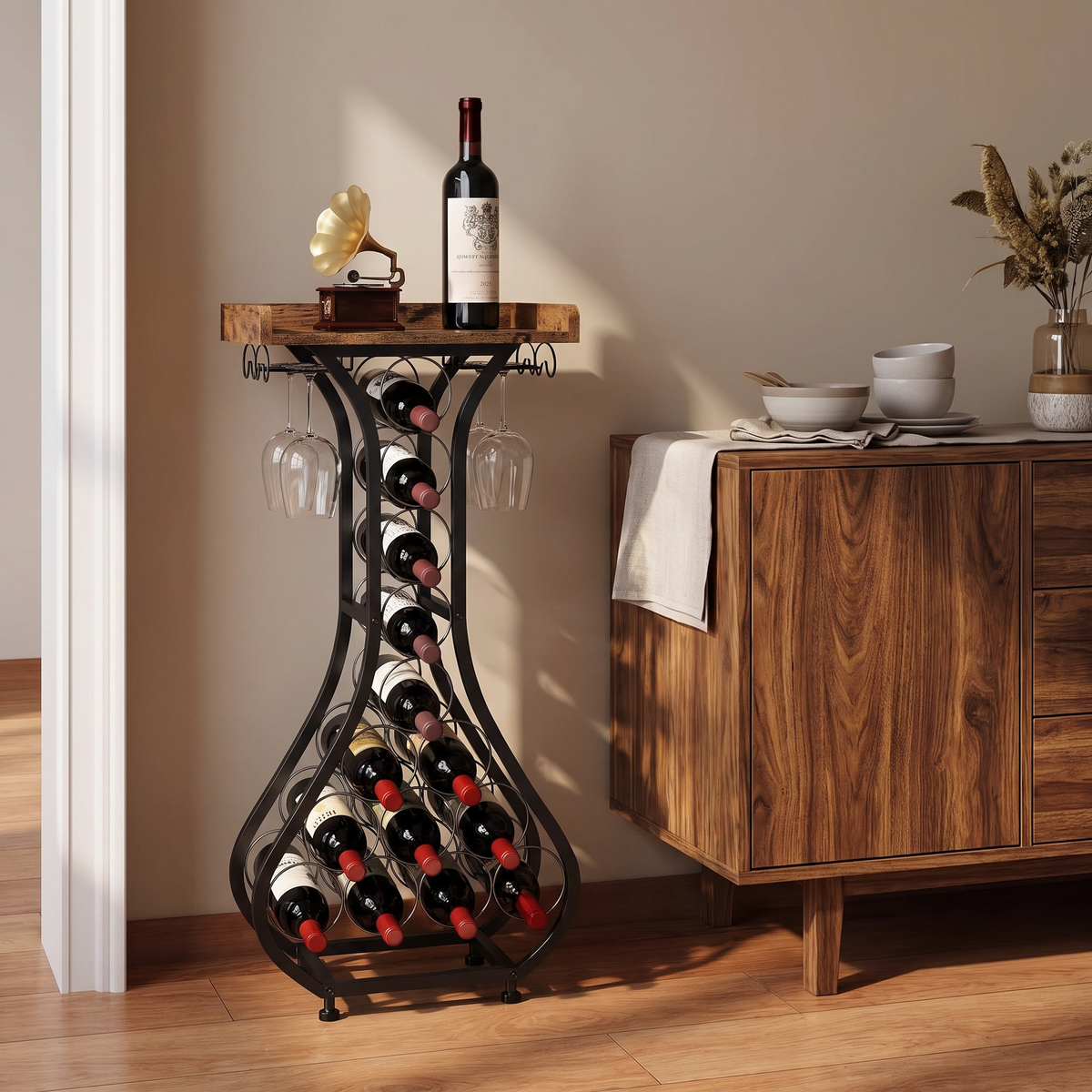 Freestanding Wine Rack with Stemware Holders and Timber-Look Top styled in a warm home setting