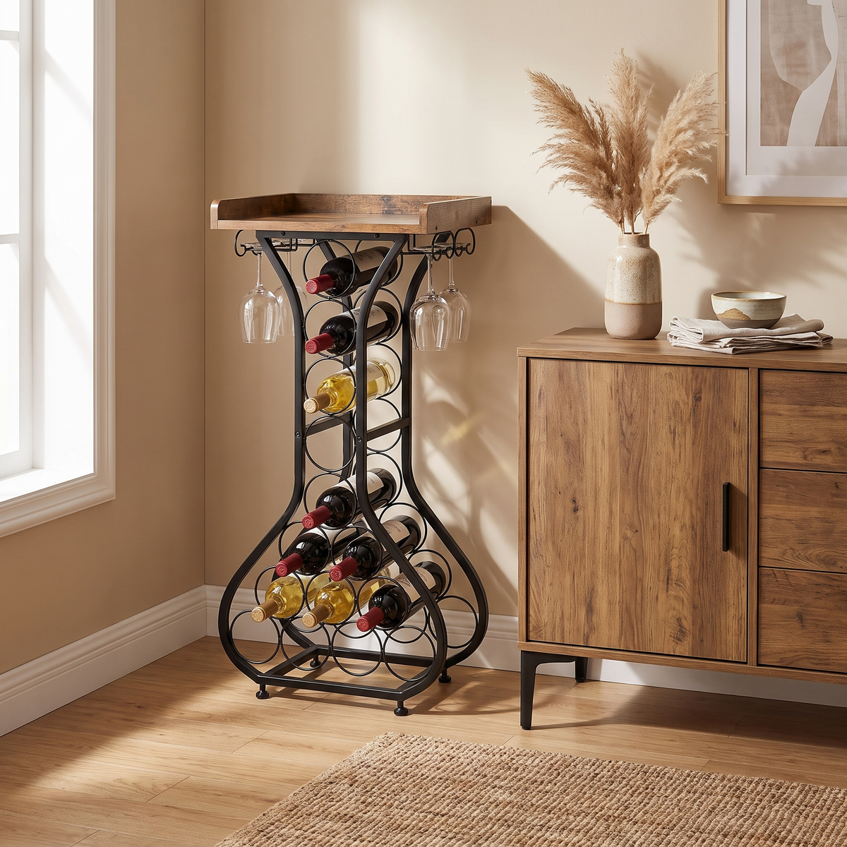 Freestanding Wine Rack with Stemware Holders and Timber-Look Top styled in a warm home setting