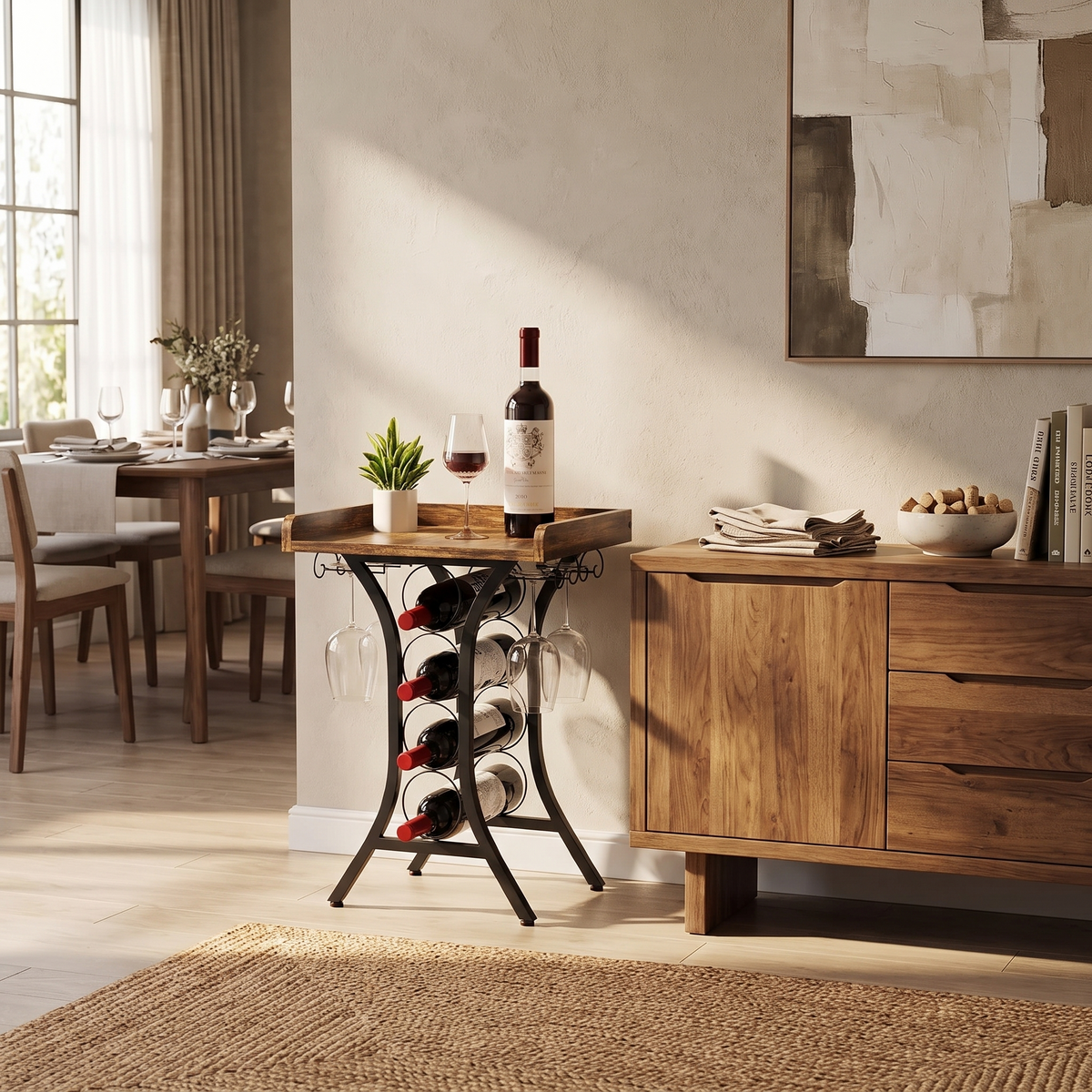 Freestanding Wine Rack with Stemware Holders and Timber-Look Top styled in a warm home setting
