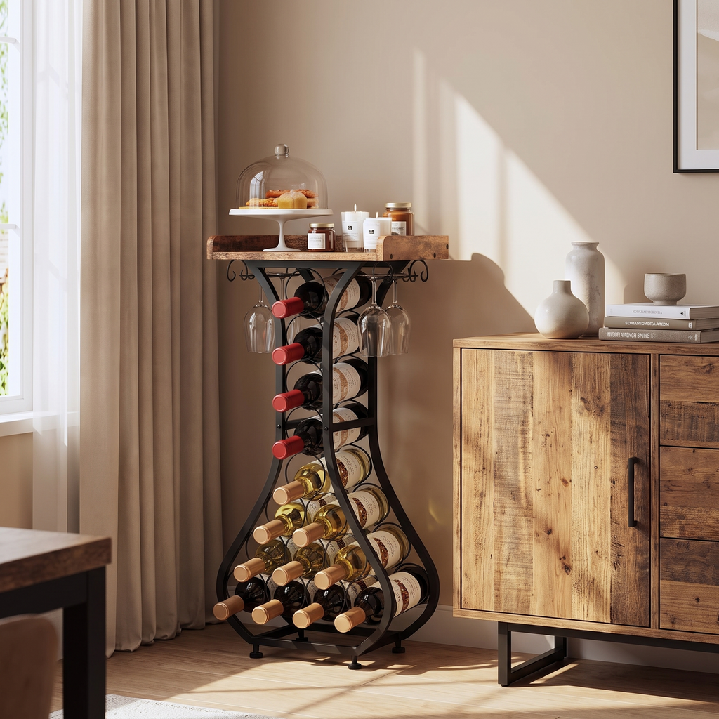 Freestanding Wine Rack with Stemware Holders and Timber-Look Top styled in a warm home setting