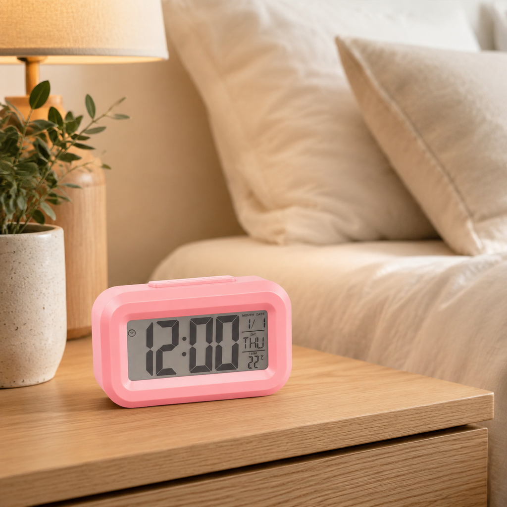 LED Digital Alarm Clock with Snooze, Calendar & Backlight in a styled home or garden setting