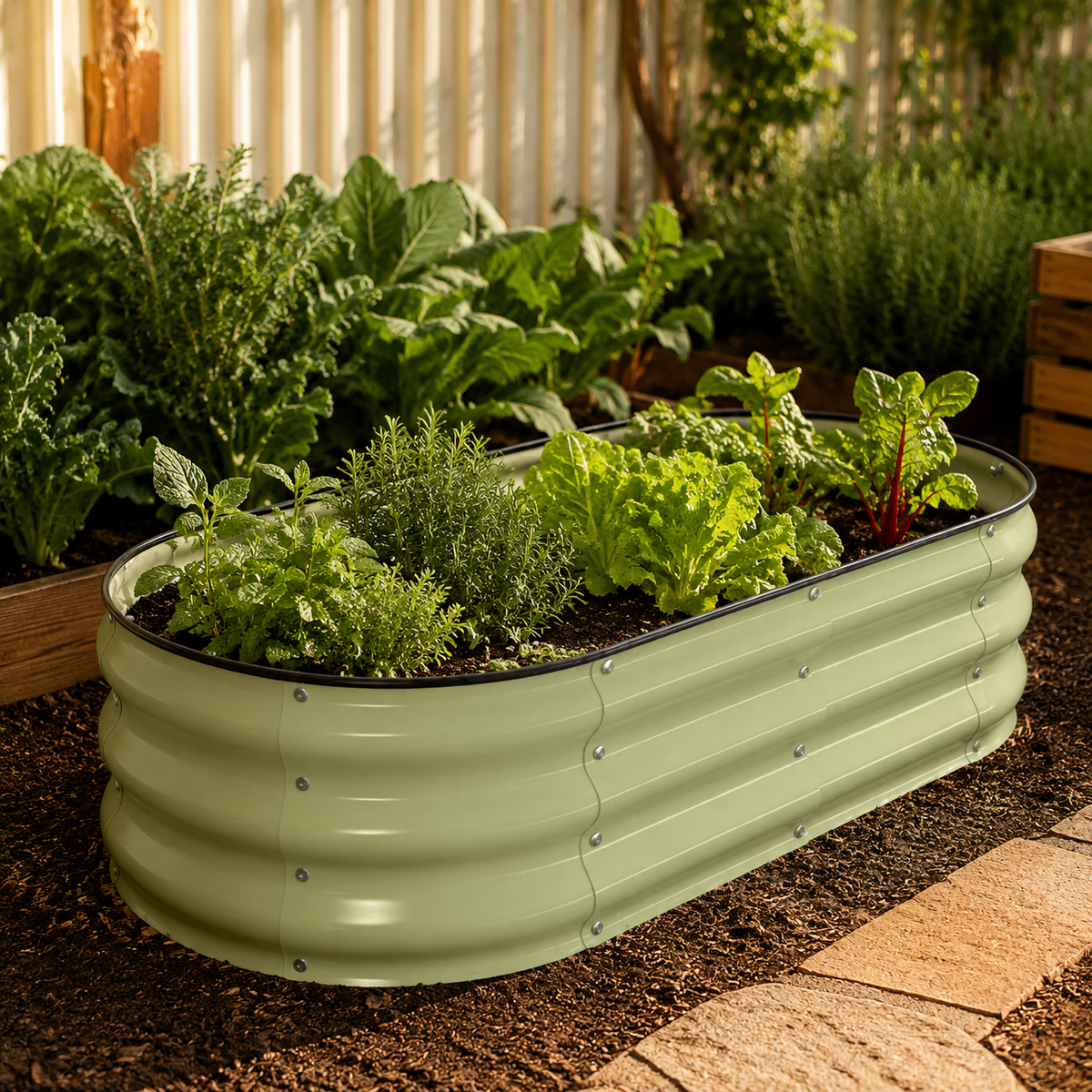 Metal Raised Garden Bed Kit for Vegetables & Herbs in a styled home or garden setting