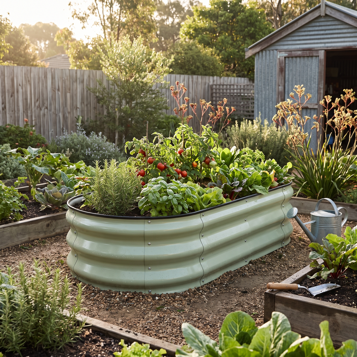 Metal Raised Garden Bed Kit for Vegetables & Herbs styled in a warm home setting