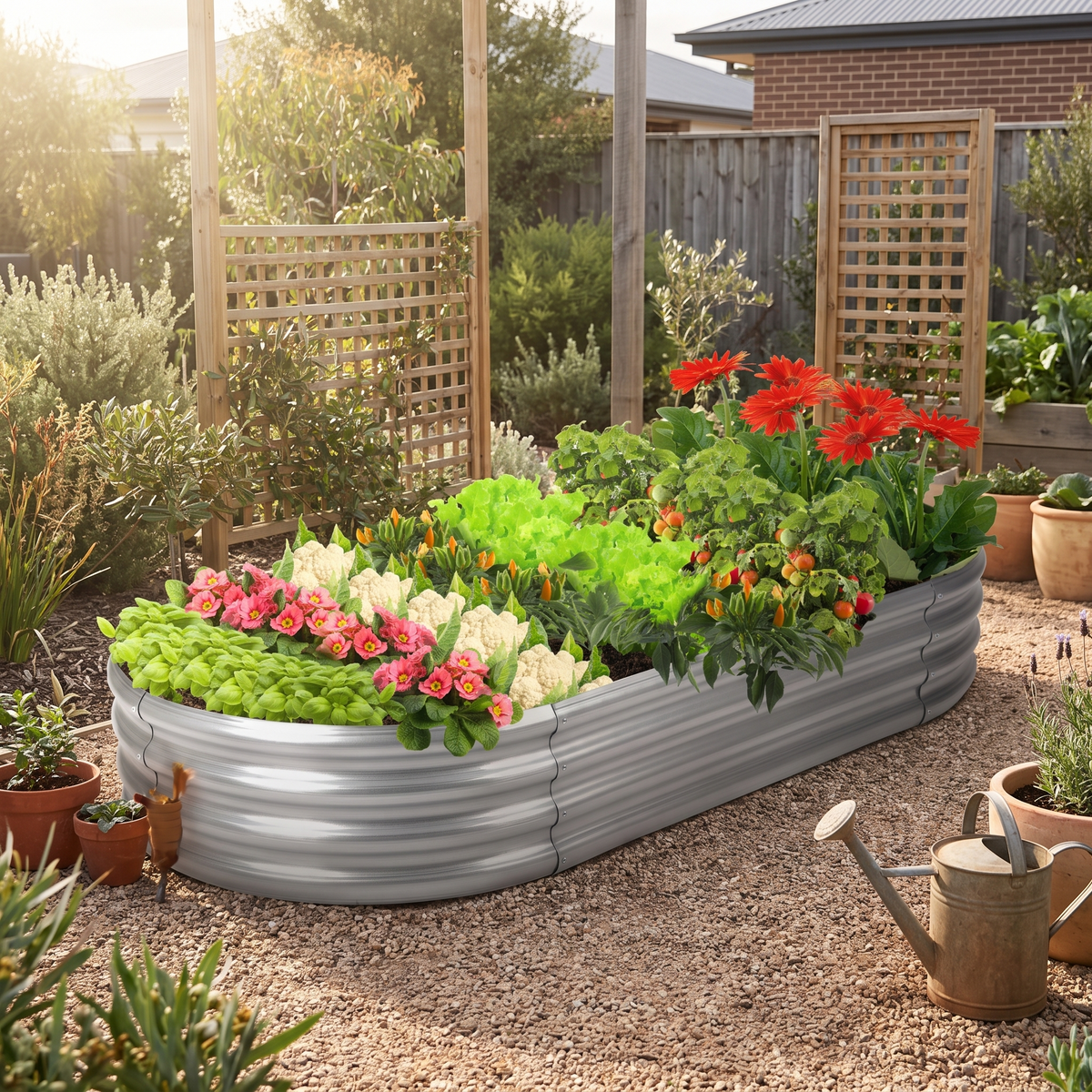 Metal Raised Garden Bed Kit for Vegetables & Herbs styled in a warm home setting