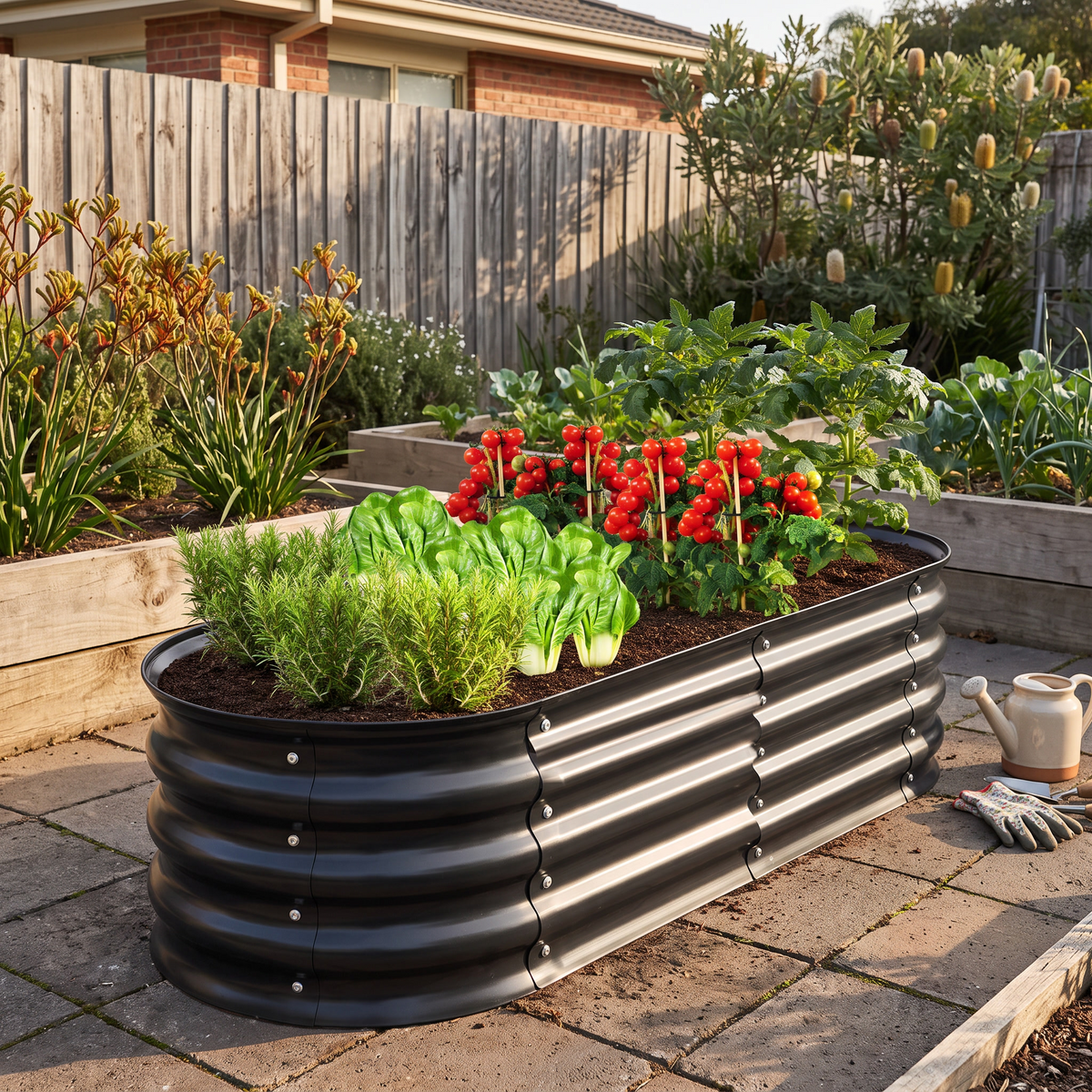 Metal Raised Garden Bed Kit for Vegetables & Herbs styled in a warm home setting
