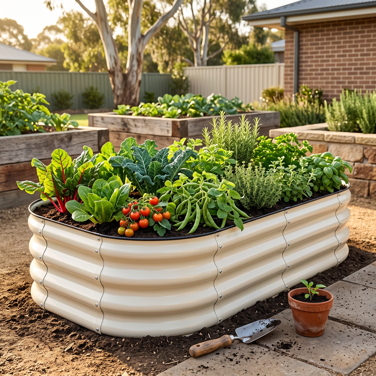 Metal Raised Garden Bed Kit for Vegetables & Herbs styled in a warm home setting