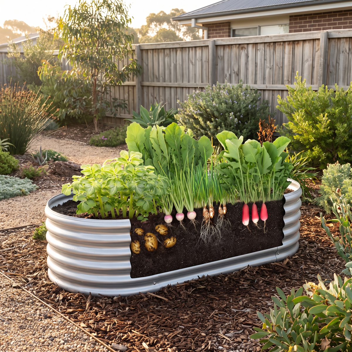 Metal Raised Garden Bed Kit for Vegetables & Herbs styled in a warm home setting