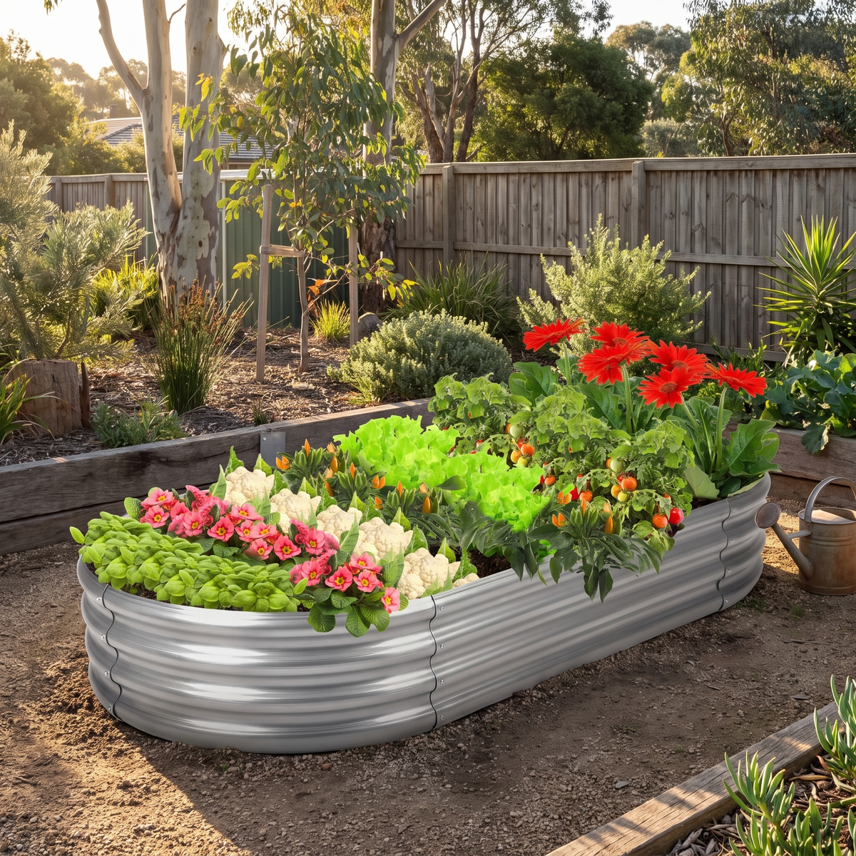 Metal Raised Garden Bed Kit for Vegetables & Herbs styled in a warm home setting