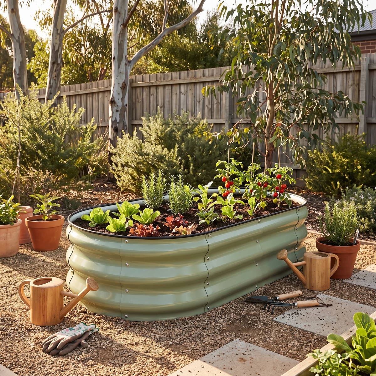 Metal Raised Garden Bed Kit for Vegetables & Herbs styled in a warm home setting