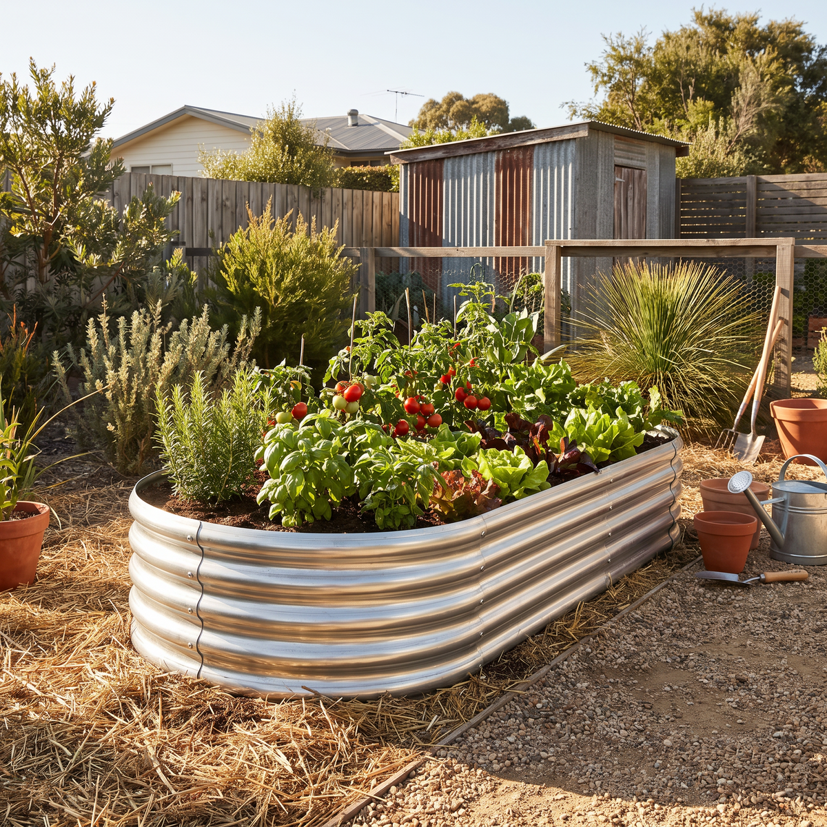 Metal Raised Garden Bed Kit for Vegetables & Herbs styled in a warm home setting