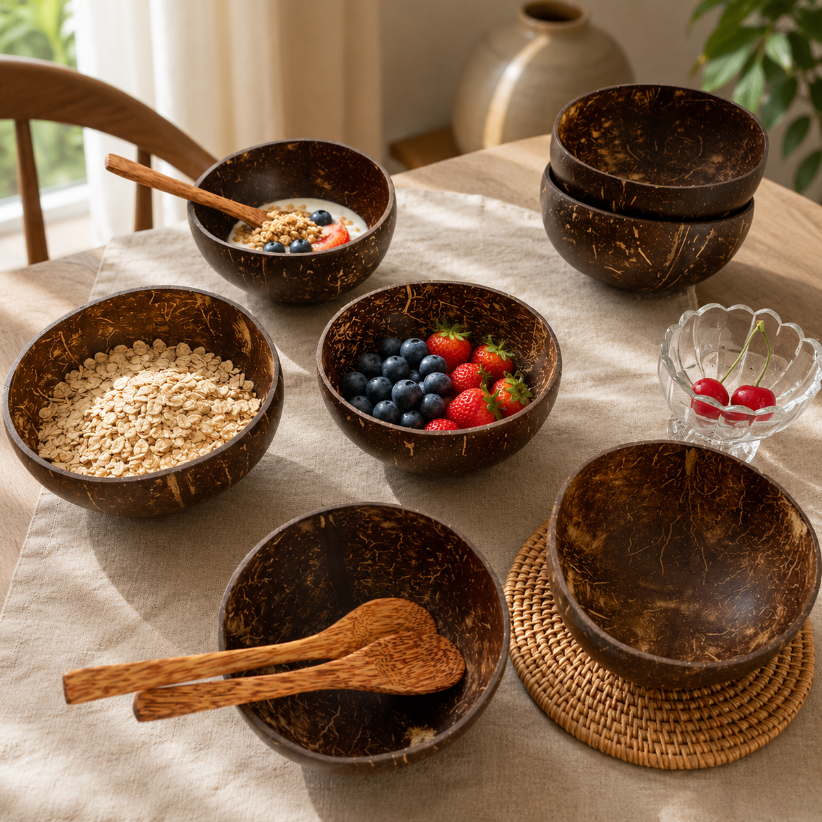 Natural Coconut Shell Bowl or Spoon | Rustic Tableware in a styled home or garden setting