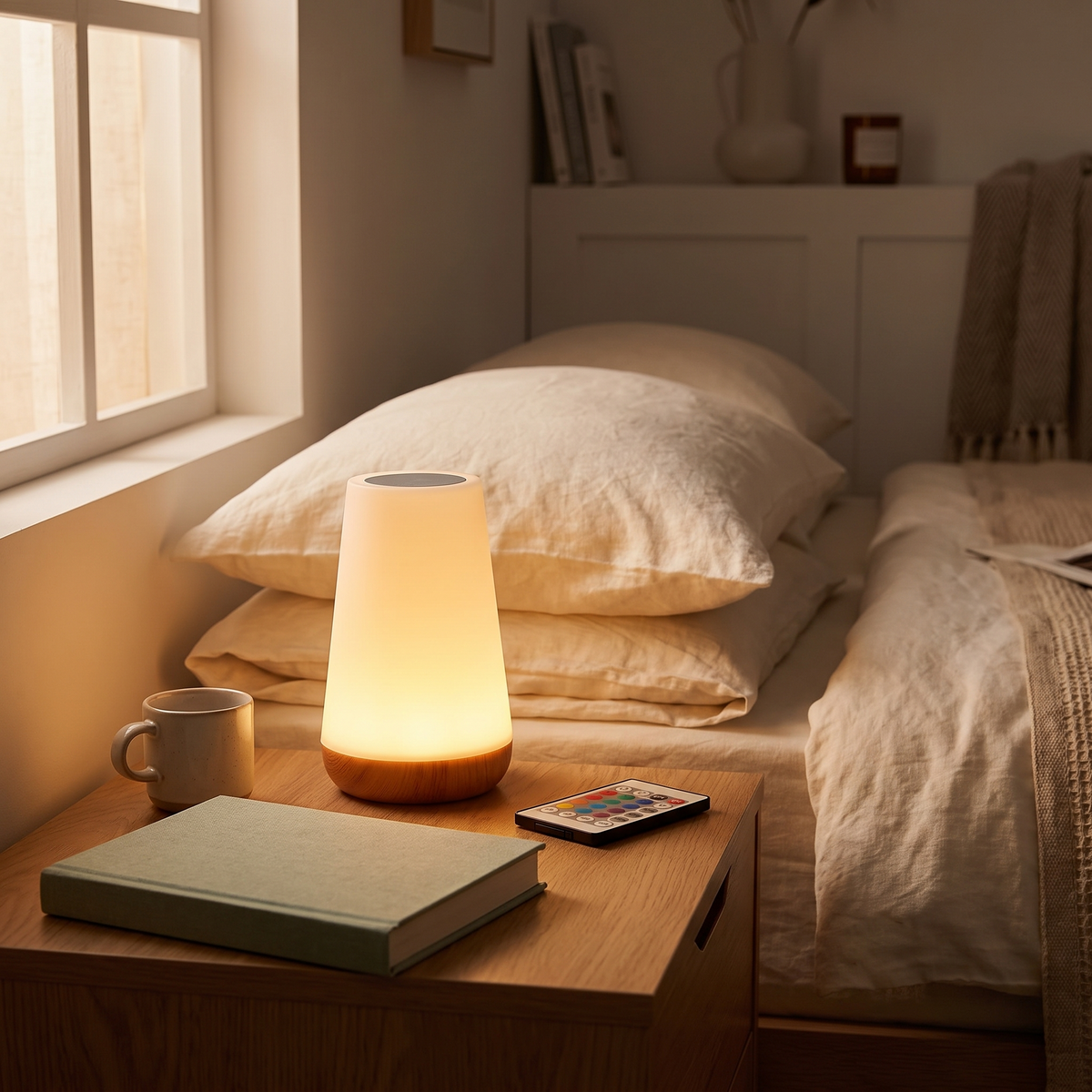 Rechargeable 13-Colour RGB Night Light with Remote styled in a warm household setting