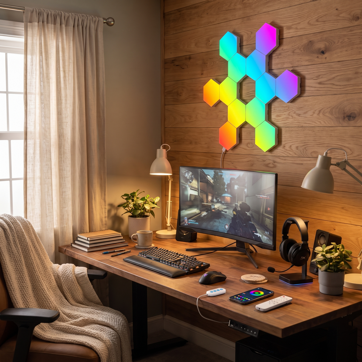RGB Hexagon Wall Lights | USB App-Controlled Gaming Panels styled in a warm household setting