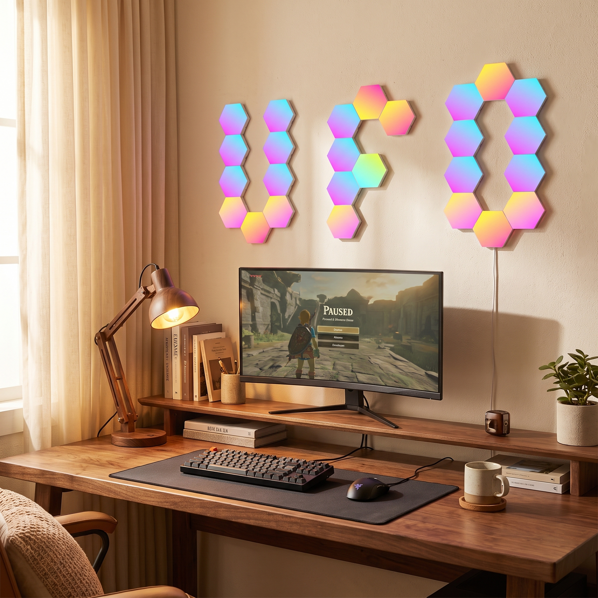 RGB Hexagon Wall Lights | USB App-Controlled Gaming Panels styled in a warm household setting