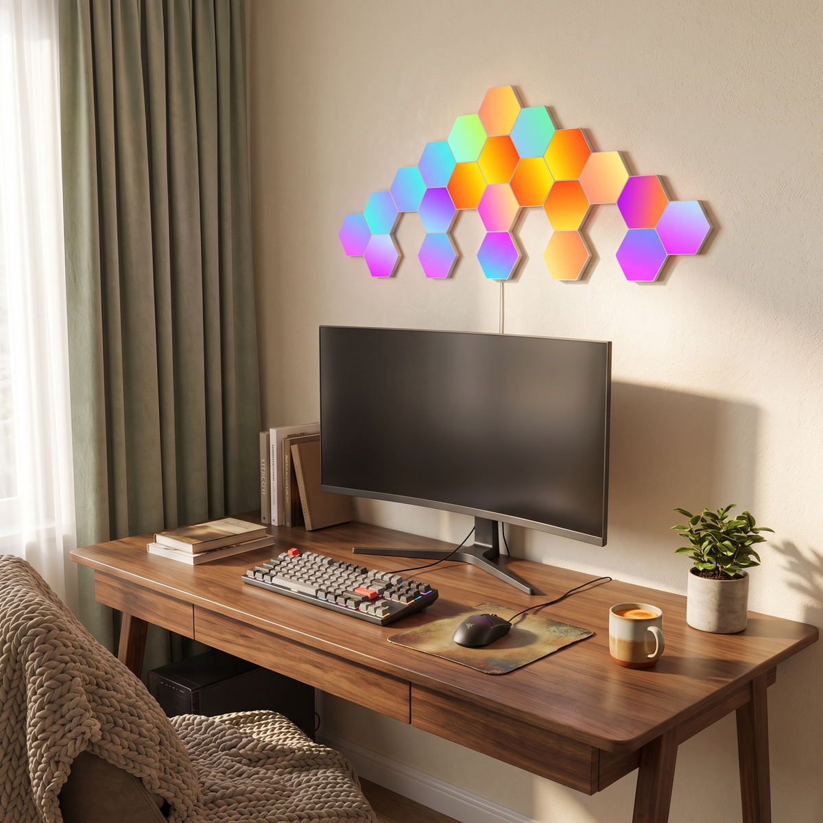RGB Hexagon Wall Lights | USB App-Controlled Gaming Panels styled in a warm household setting