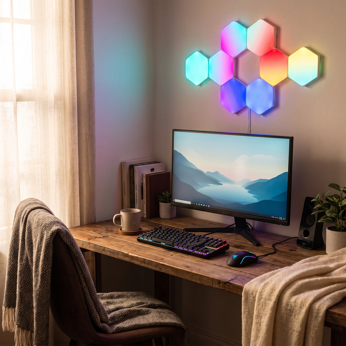 RGB Hexagon Wall Lights | USB App-Controlled Gaming Panels styled in a warm household setting