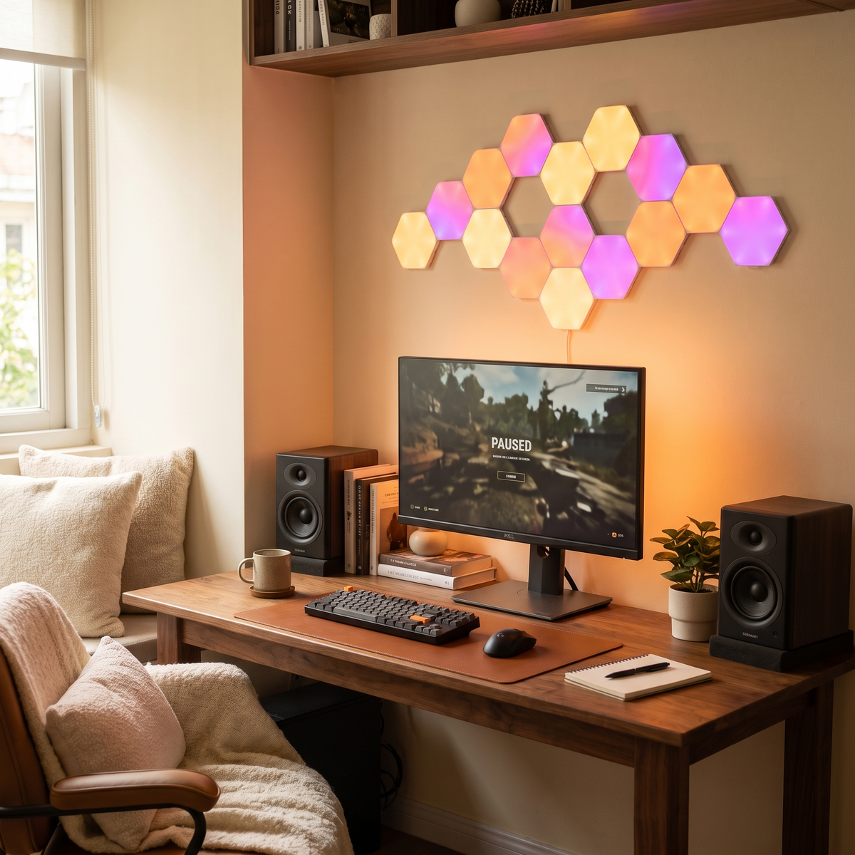 RGB Hexagon Wall Lights | USB App-Controlled Gaming Panels styled in a warm household setting