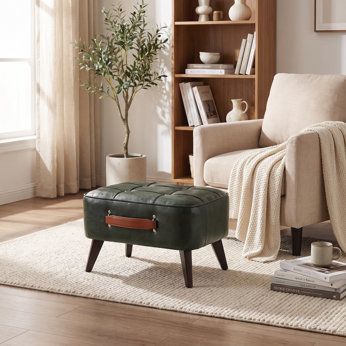 Small Upholstered Footstool | Modern Ottoman Stool styled in a warm home setting