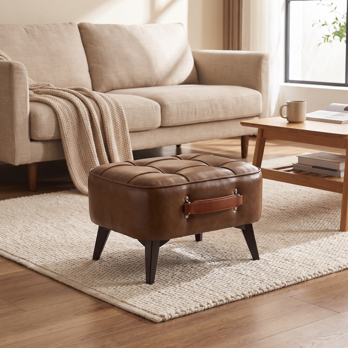 Small Upholstered Footstool | Modern Ottoman Stool styled in a warm home setting