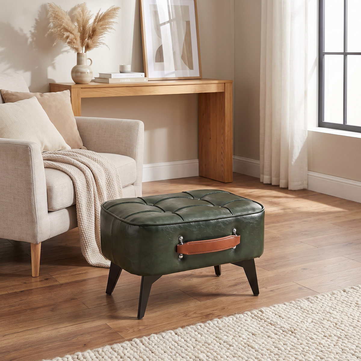 Small Upholstered Footstool | Modern Ottoman Stool styled in a warm home setting