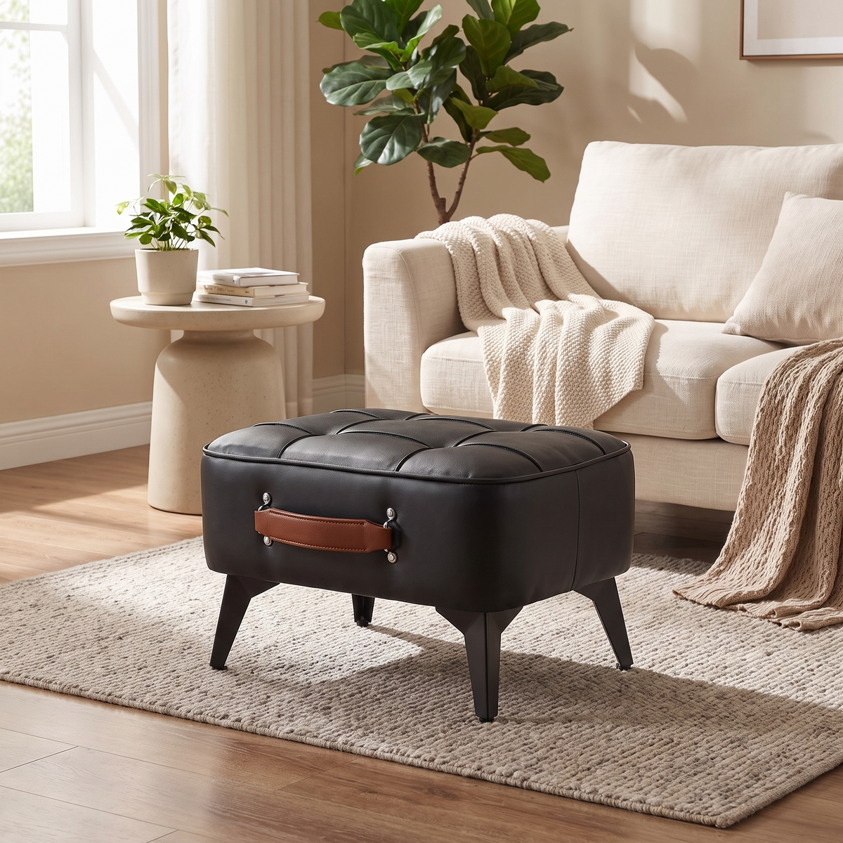 Small Upholstered Footstool | Modern Ottoman Stool styled in a warm home setting