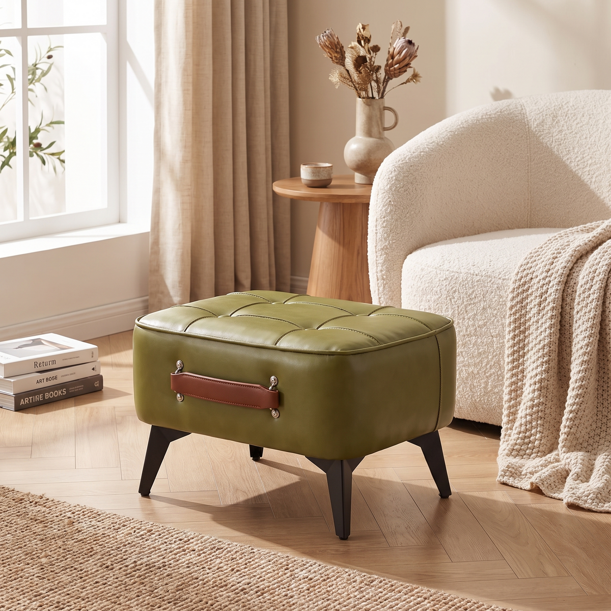 Small Upholstered Footstool | Modern Ottoman Stool styled in a warm home setting