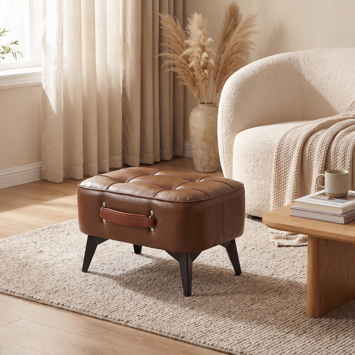 Small Upholstered Footstool | Modern Ottoman Stool styled in a warm home setting