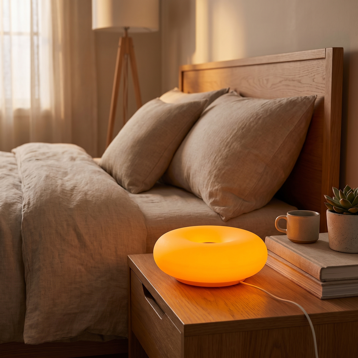 USB Donut Table Lamp | Dimmable RGB Bedside Light styled in a warm home setting