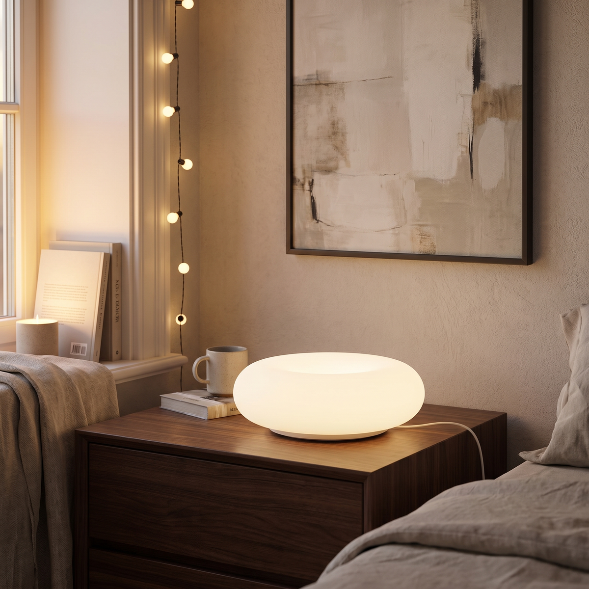USB Donut Table Lamp | Dimmable RGB Bedside Light styled in a warm home setting