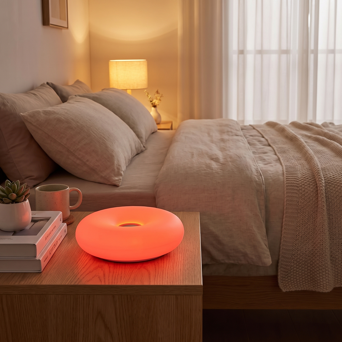 USB Donut Table Lamp | Dimmable RGB Bedside Light styled in a warm home setting