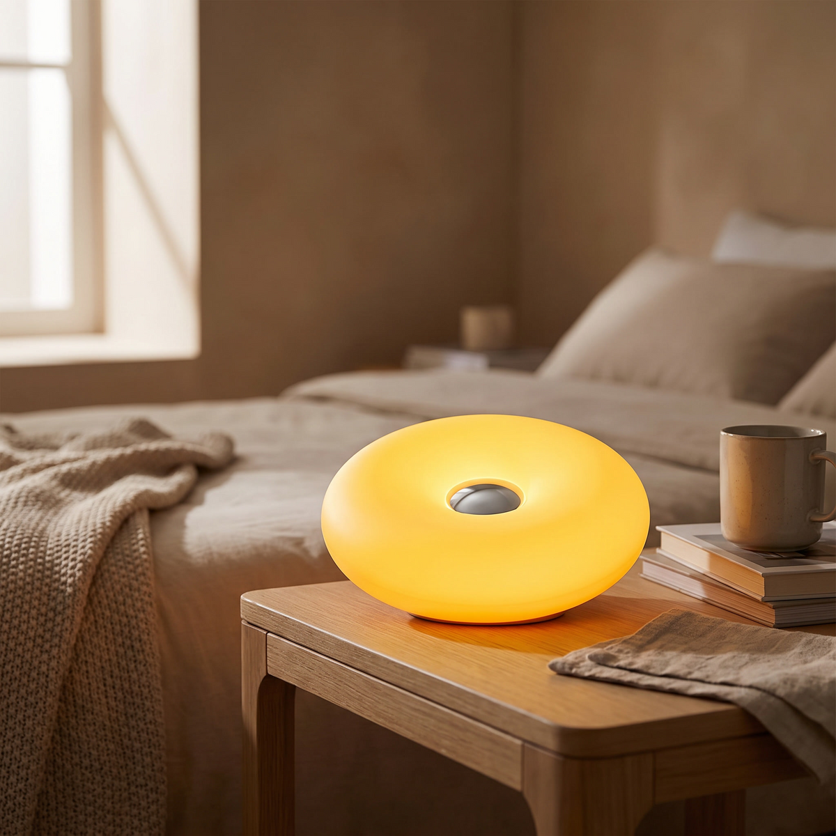 USB Donut Table Lamp | Dimmable RGB Bedside Light styled in a warm home setting