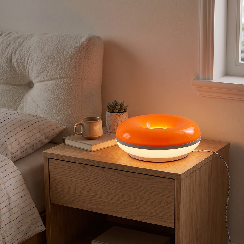 USB Donut Table Lamp | Dimmable RGB Bedside Light styled in a warm home setting