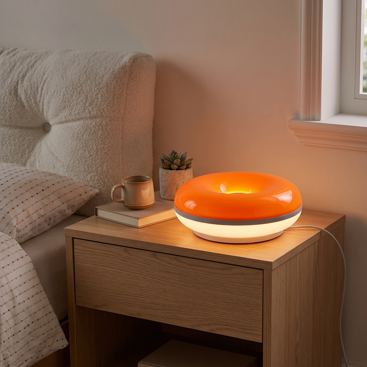 USB Donut Table Lamp | Dimmable RGB Bedside Light styled in a warm home setting