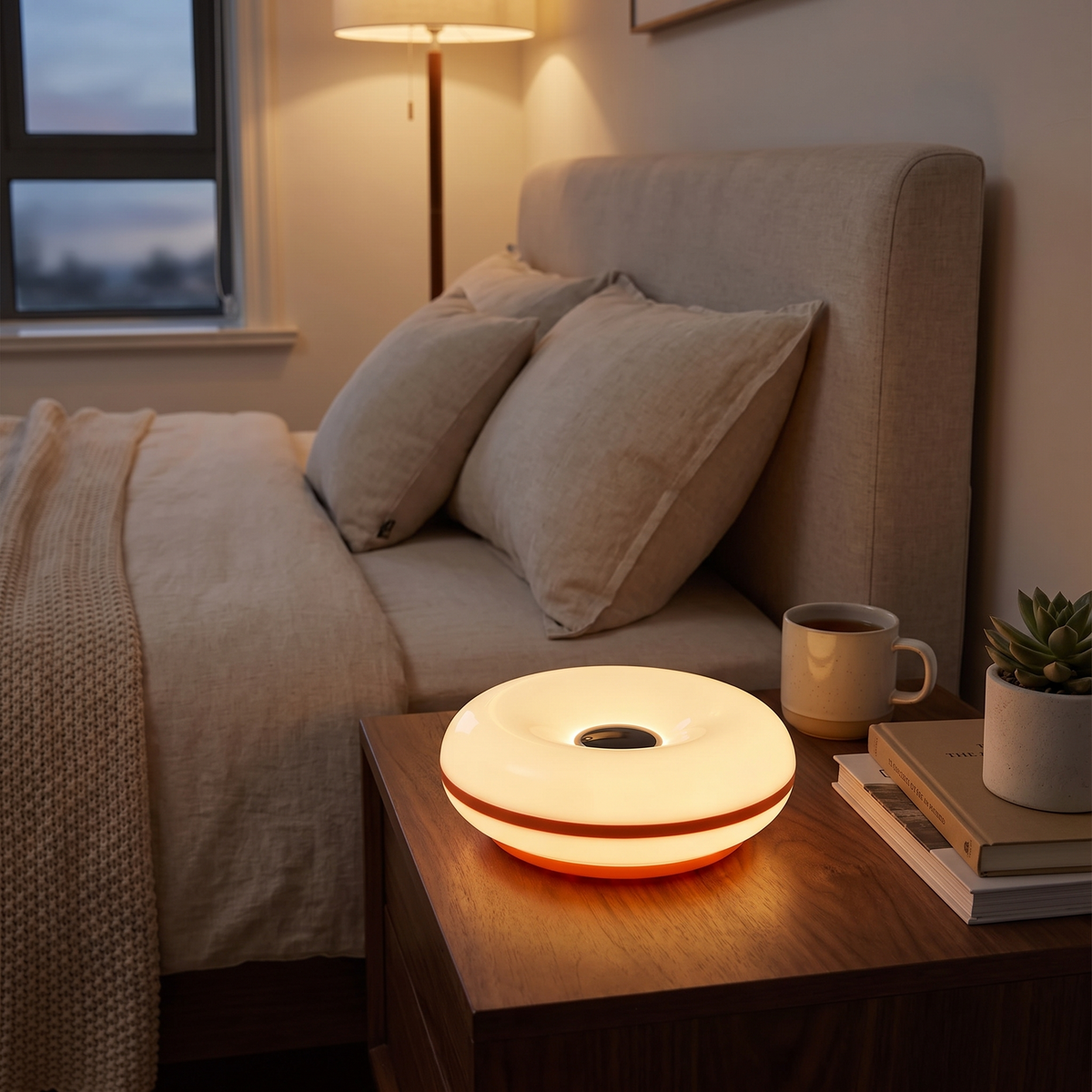 USB Donut Table Lamp | Dimmable RGB Bedside Light styled in a warm home setting