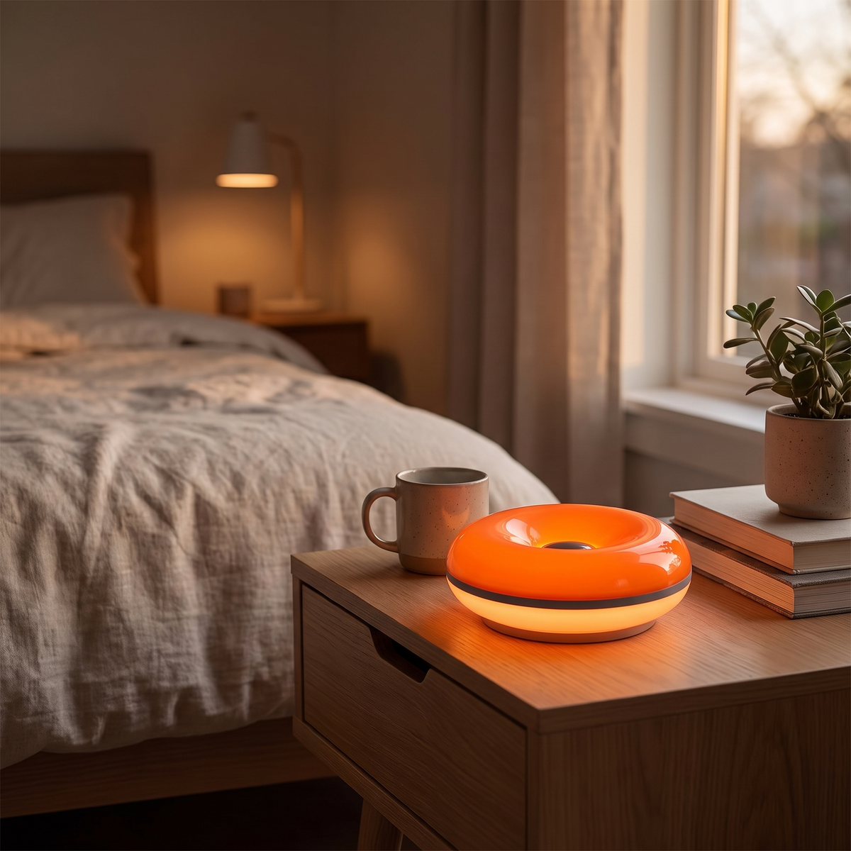 USB Donut Table Lamp | Dimmable RGB Bedside Light styled in a warm home setting