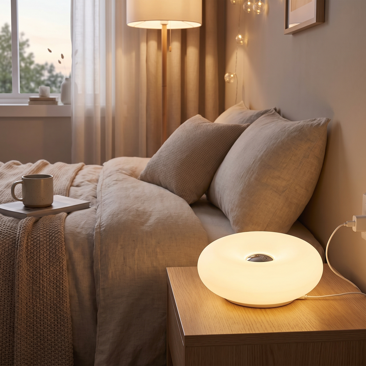 USB Donut Table Lamp | Dimmable RGB Bedside Light styled in a warm home setting