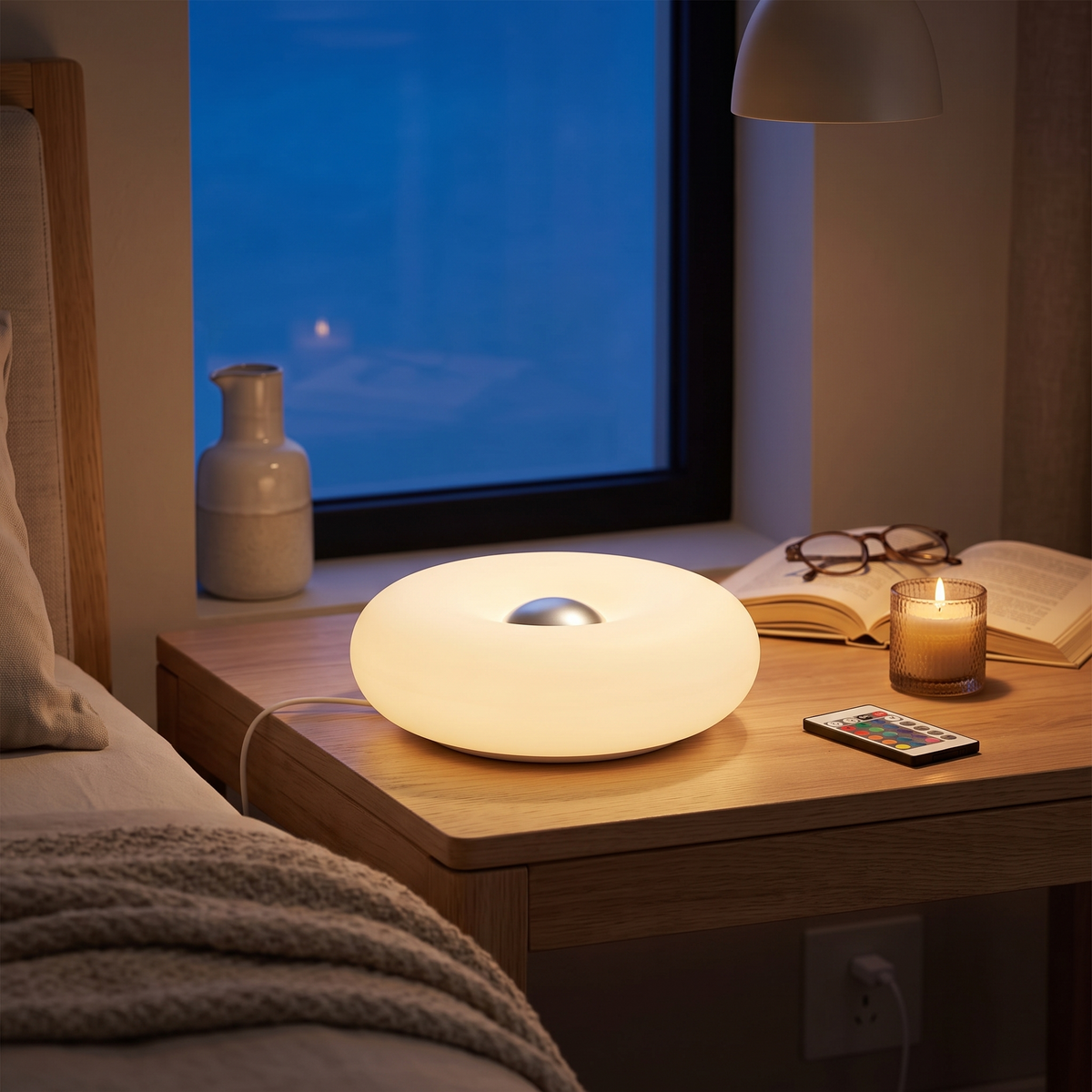 USB Donut Table Lamp | Dimmable RGB Bedside Light styled in a warm home setting