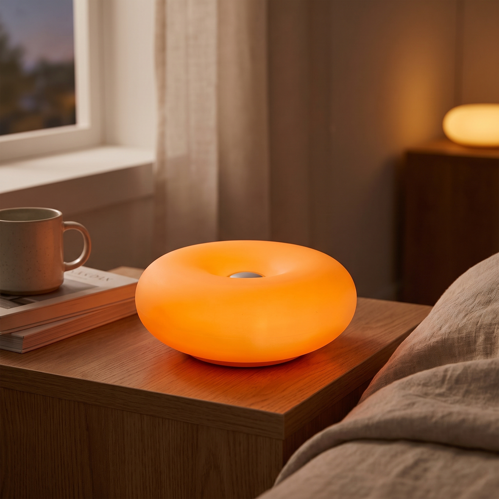 USB Donut Table Lamp | Dimmable RGB Bedside Light styled in a warm home setting