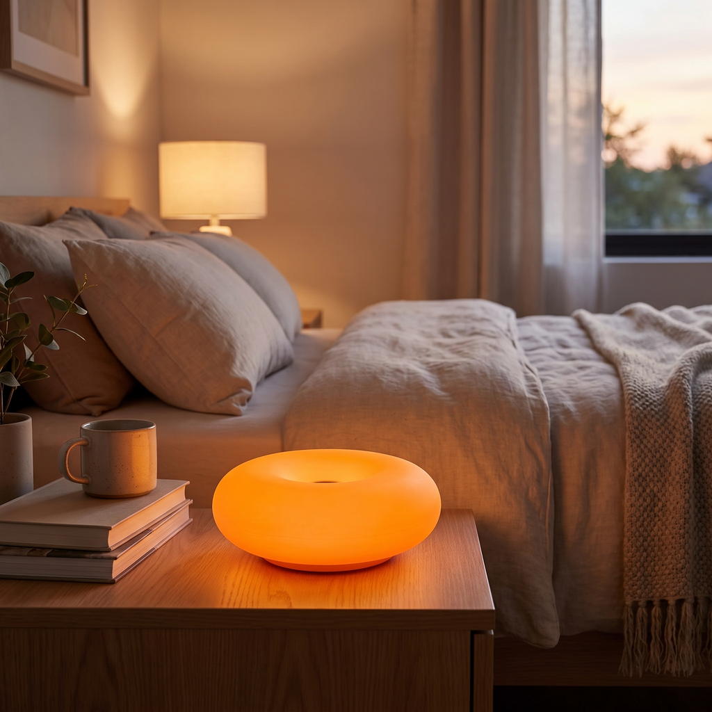USB Donut Table Lamp | Dimmable RGB Bedside Light styled in a warm home setting