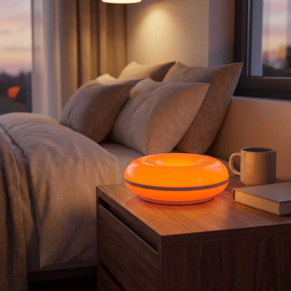 USB Donut Table Lamp | Dimmable RGB Bedside Light styled in a warm home setting