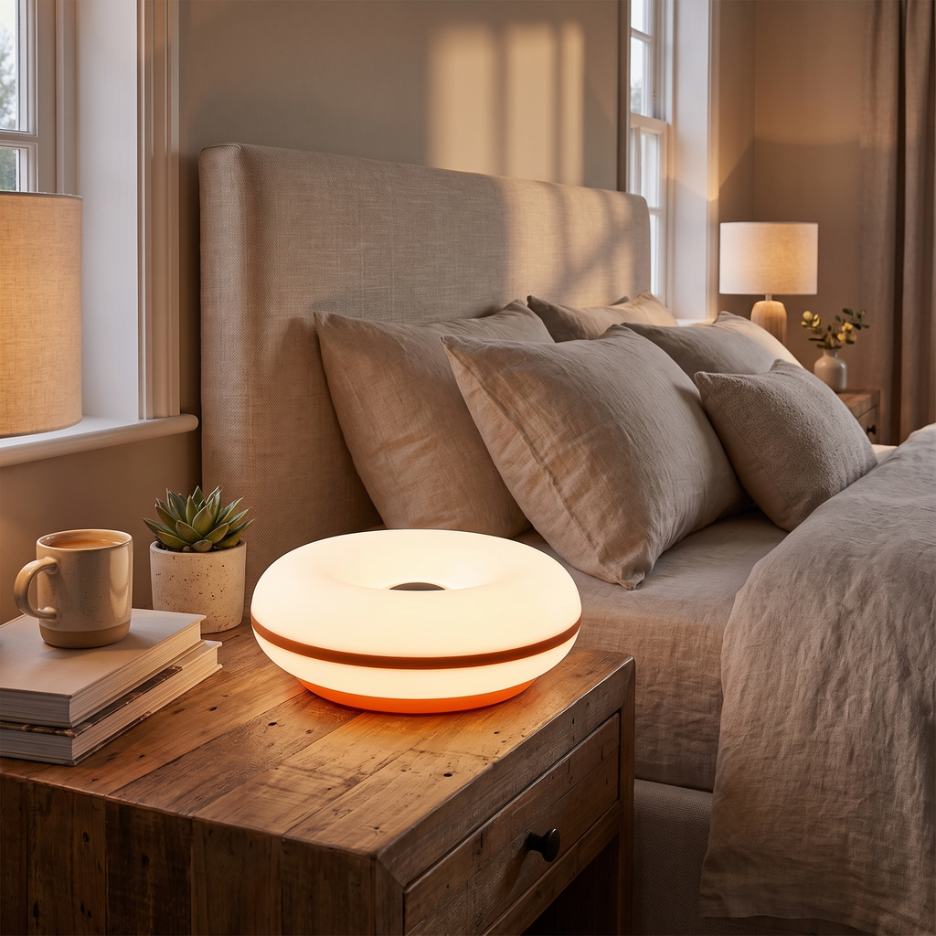 USB Donut Table Lamp | Dimmable RGB Bedside Light styled in a warm home setting