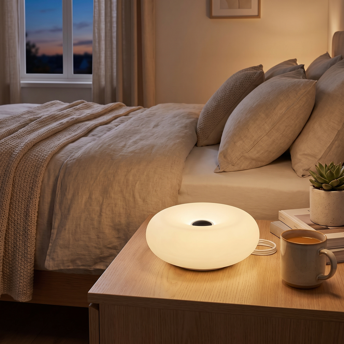 USB Donut Table Lamp | Dimmable RGB Bedside Light styled in a warm home setting