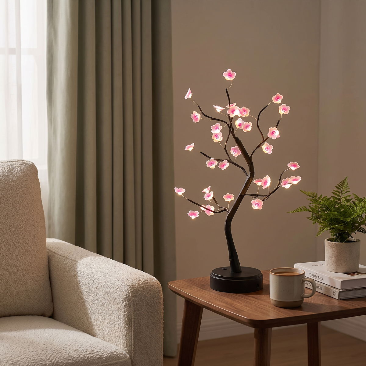 USB LED Decorative Tree Lamp with Touch Control styled in a warm household setting